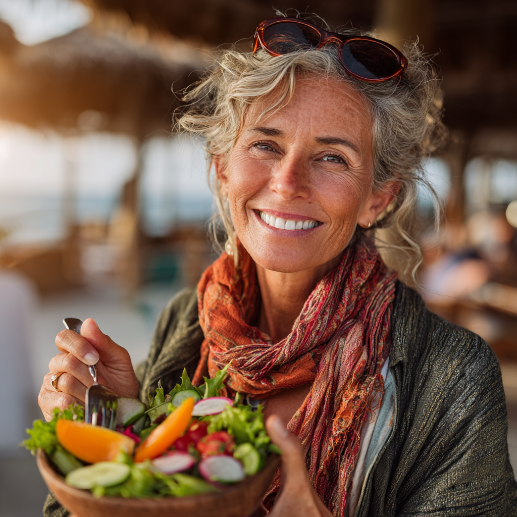 Healthy middle-aged woman in her 40s enjoying a colorful nutritious salad outdoors, showing vitality and wellness