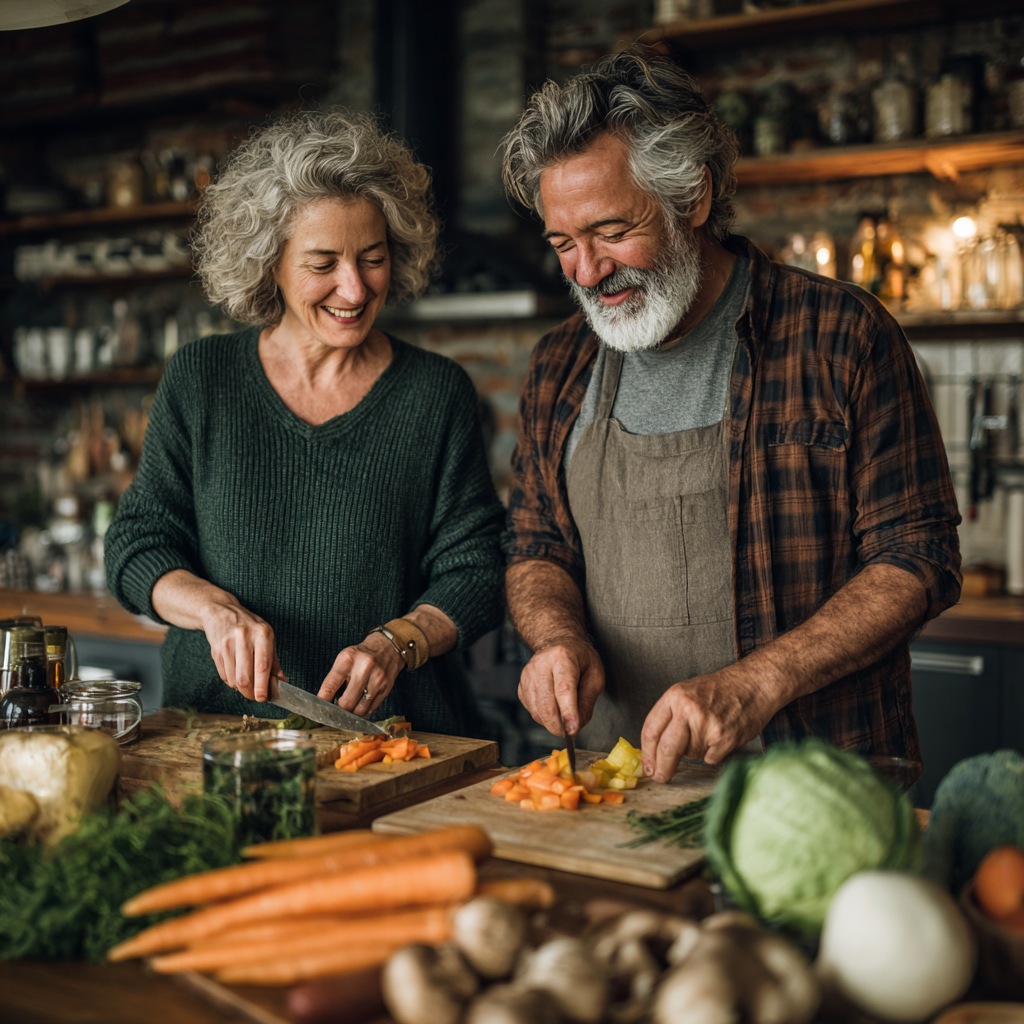 Mature couple in their 50s cooking together healthy vegetables in a modern kitchen, smiling while preparing nutritious meal